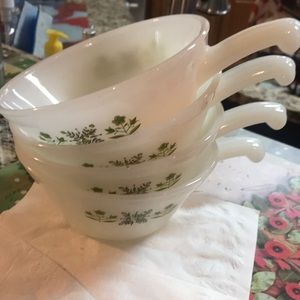 Anchor Hocking Fire King Milk Glass Green Meadow Soup Bowls, Set of 4